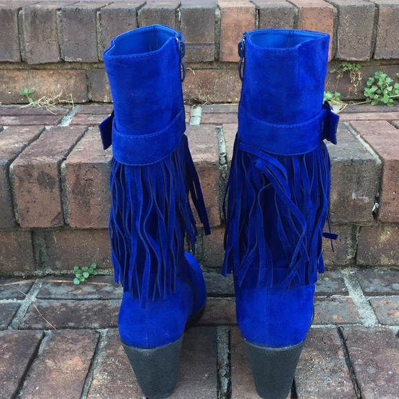 BLUE SUEDE FRINGE TRIM BUCKLE MIDCALF WEDGE BOOTS - Picture 5 of 6